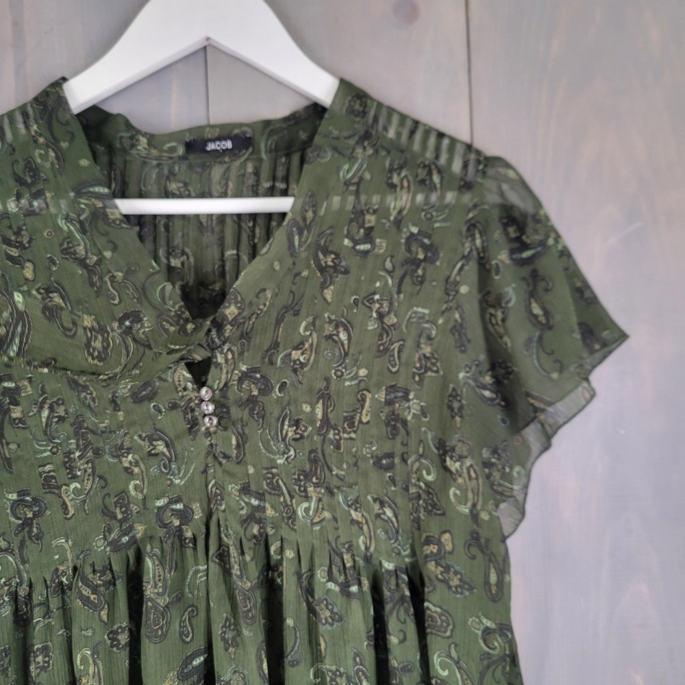 Jacob Paisley Sheer Babydoll Blouse Women Medium Green Short Sleeve Pleated - Picture 2 of 8